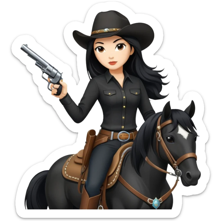 confident Asian woman with long black hair wearing black outfit riding a horse cowgirl style with a pistol sticker