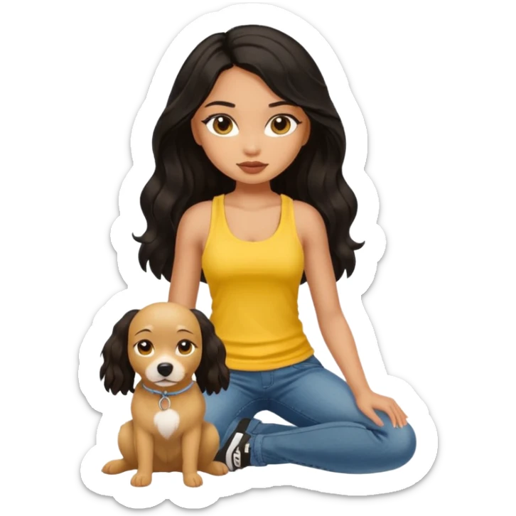 a tan pretty bratz girl with long wavy black hair, wearing a yellow tank top with a dog sticker