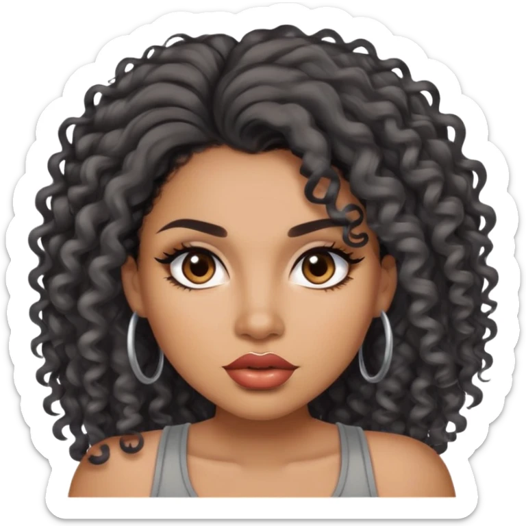 light brown skin tone, very beautiful woman, with big plump lips, long long lashes, black curly long hair, brown eyes, grey tank top sticker