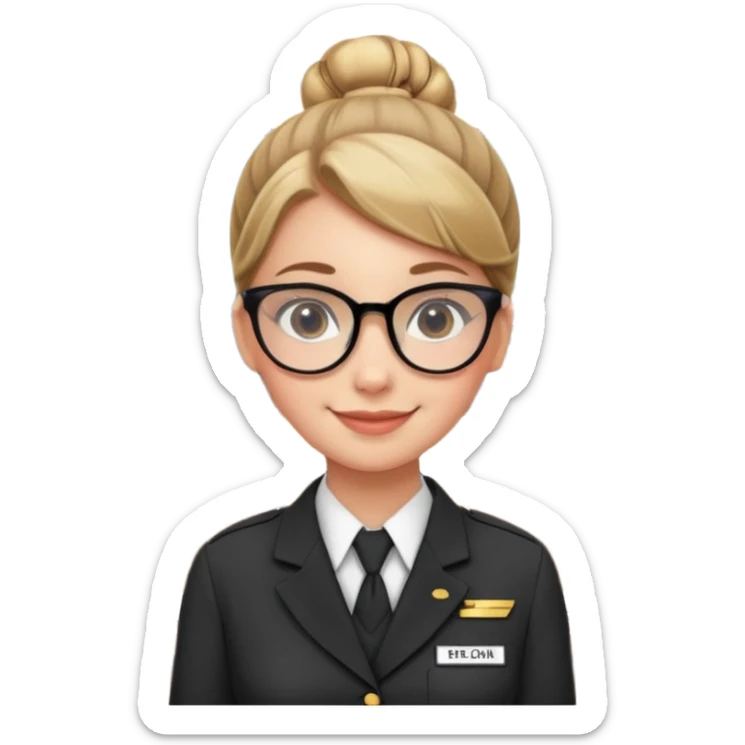 Young girl, bun hair, wearing uniform of reception with hotel name badge, glasses, stand behind the desk

 sticker