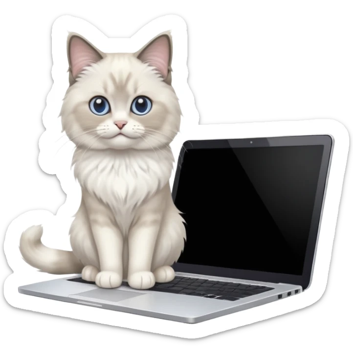 Cute ragdoll cat on a laptop. Should sit on top of the laptop, cat is way bigger than the laptop. Could walk on the laptop or sit. I liked the first one but remove the blue on the cat, Please make the brown parts light grey sticker