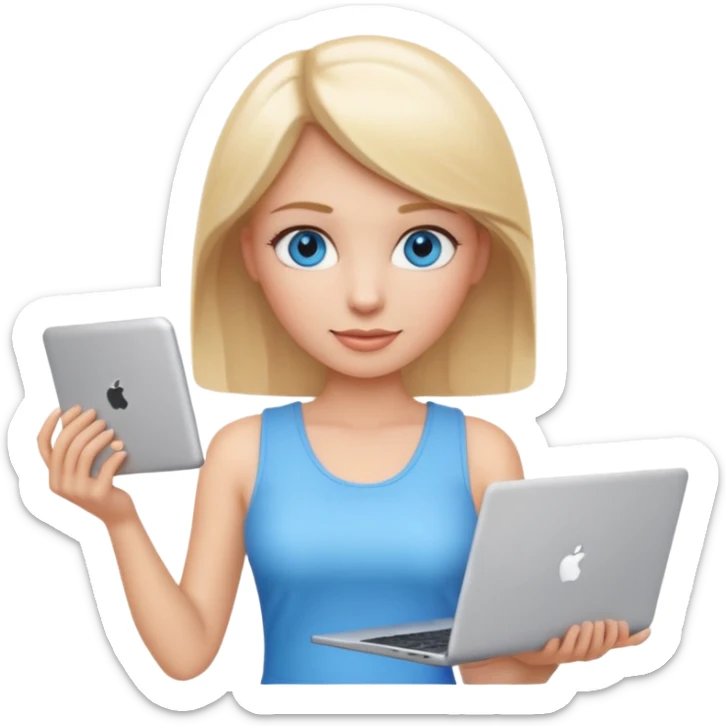 3D Apple-style emoji of a blonde woman with bright blue eyes,
wearing a white sleeveless top,
holding a silver laptop,
clean white background, smooth rounded design
 sticker
