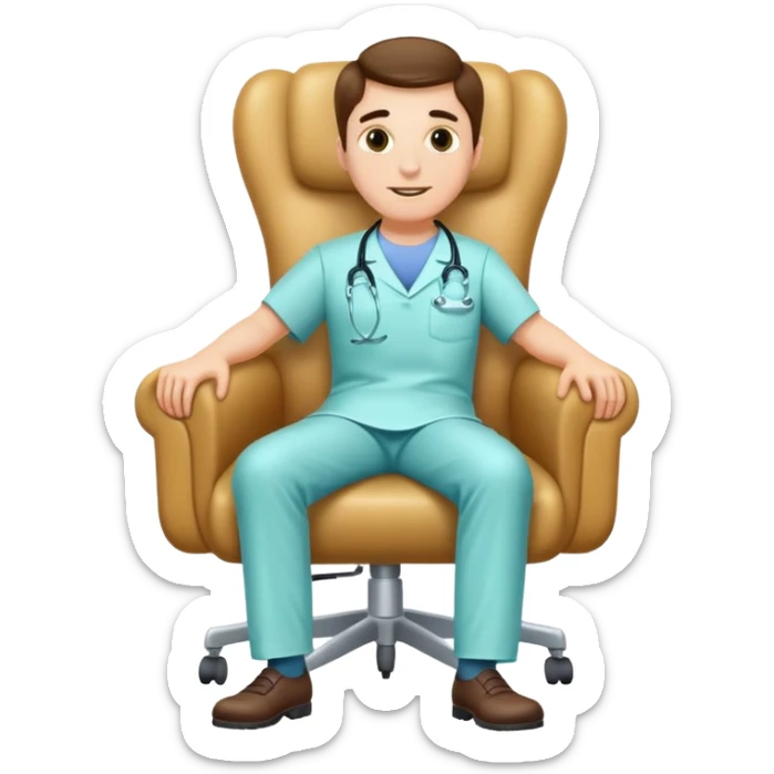 The dentist is sitting in an armchair, leg on leg. on the sole is written: "I'm going home." sticker