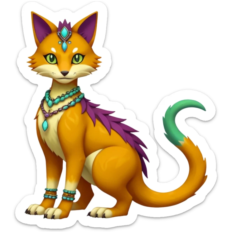 Kawaii cute reddish orangish yellowish greenish purplish exotic tribal beautiful pretty elegant divine edgy feline-vernid-sergal-Fakémon-Pokémon-Digimon-fursona-animal-creature with bracelet, necklace, full body, with intricate detailed markings sticker