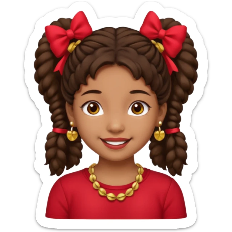 Brownskin girl dark brown hair fluffy. pigtails with red bows brown eyes smiling closed mouth red shirt gold esrrings gold necklace sticker
