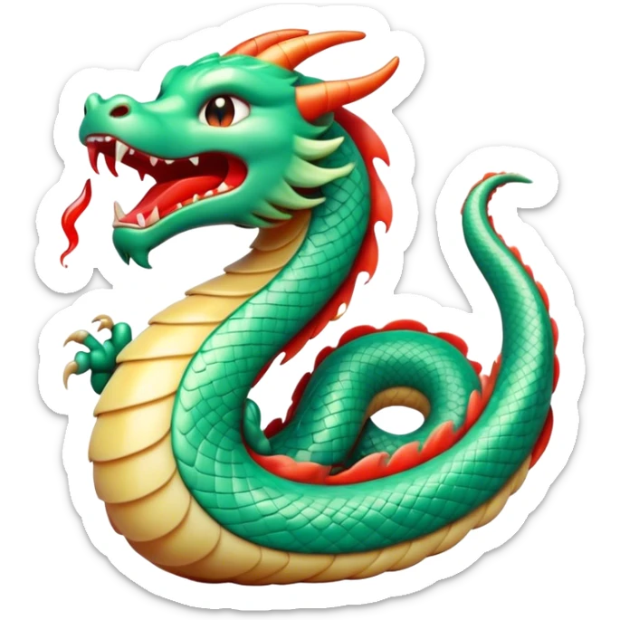 Cinematic Cute Yawning Chinese Serpent Dragon Portrait Emoji, Head gently inclined with a dramatic, wide-open yawn, revealing an elegantly elongated body with softly glowing jade and vermilion scales, enriched by subtle, ethereal cloud and ripple motifs; rendered with authentic detail and delicate natural light, high shine, relaxed yet wise, styled with a dash of ancient mystique, soft glowing outline, capturing the essence of a drowsy but venerable celestial dragon ready to drift into a serene, timeless slumber! sticker