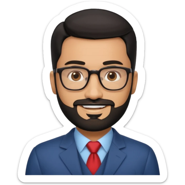 Attractive Hispanic TV host in his mid to late 40s with light brown skin, short straight black hair slicked back with fade on sides, heart handsome face with strong jawline, friendly approachable expression, black beard, wearing glasses sticker