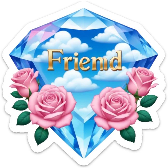 a heavenly pink and blue clouds covering diamonds with beautiful roses and petals and a text that says''Friend'' sticker