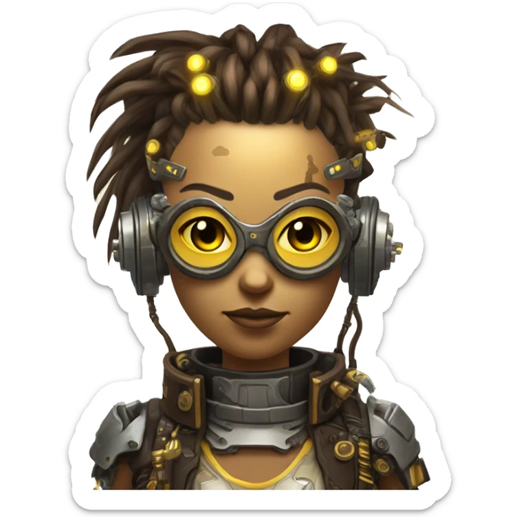 Brown with yellow streaks Mohawk hair female cyborg head, tan skin, steampunk goggles and circuits sticker