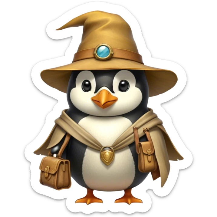 A explorer penguin inspired by Indiana Jones, wearing a weathered yellow enchanted hat and a flowing cape. It carries a leather satchel with ancient scrolls. Cartoon-style, smooth shading, highly detailed, no background sticker