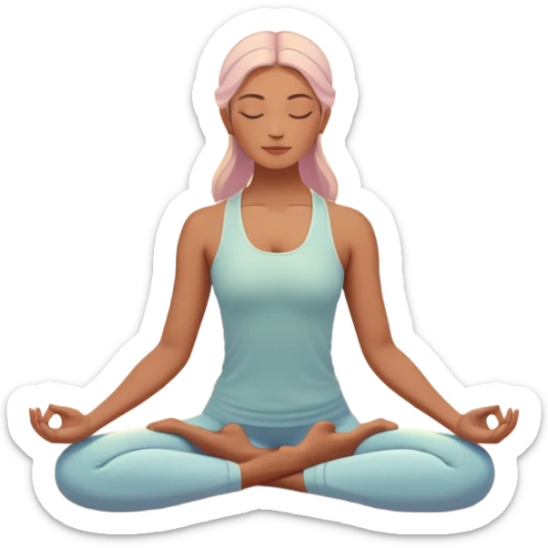 A peaceful person practicing yoga on a calm beach at sunrise, in a serene meditative pose. Soft pastel colors surround the scene, with gentle waves in the background and smooth, flowing lines representing balance and tranquility. The atmosphere feels centered and mindful. sticker