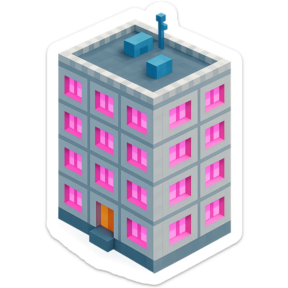 Russian panel apartment building, compact square block, light gray, pink glowing windows, isometric view sticker