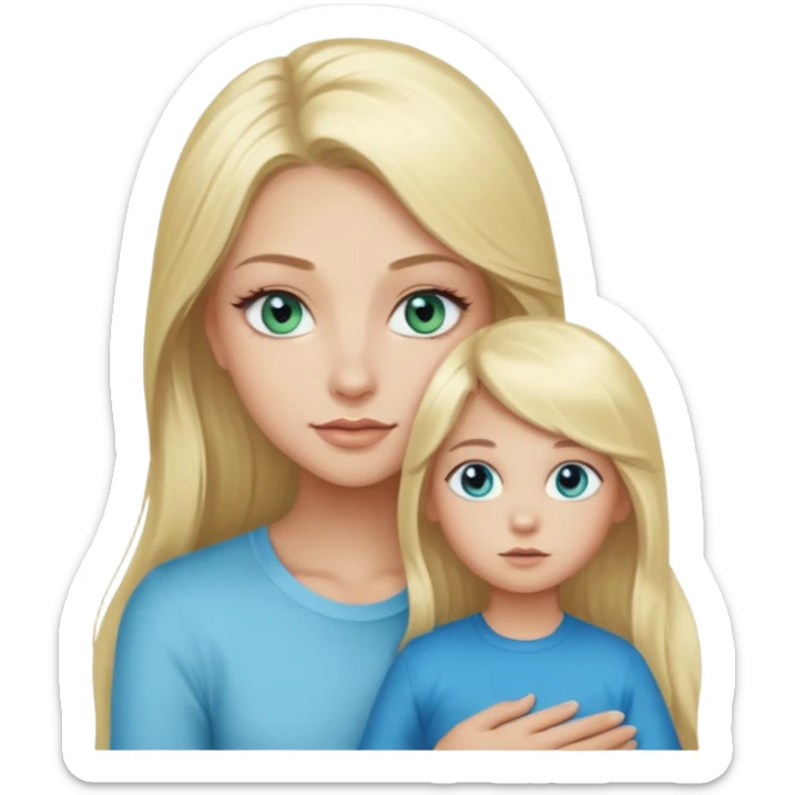 blonde baddie girl  with blue-green eyes, Long lashes, long hair, Hold little Boy with light blue eyes sticker