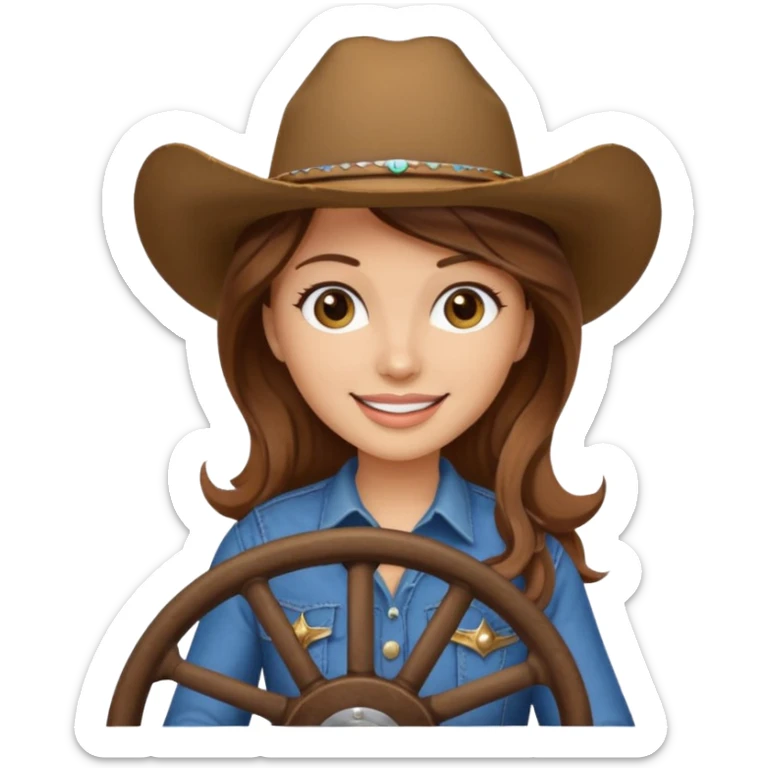 ["Light-skinned cowgirl, brown hair, wearing a cowboy hat, holding the wheel."] sticker