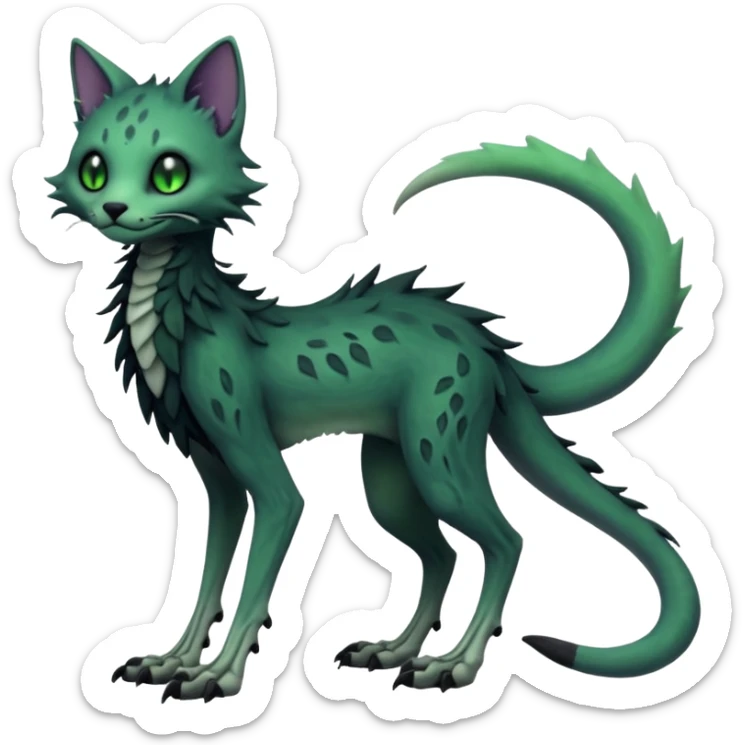Scaley Kawaii spectral spooky dark bleak blackish swampy white-skeletal gloomy ghostly dark greyish dark-deep-greenish foggy eldritch beautiful realistic edgy fantasy ghoul-like stitched feline-vernid-sergal-fursona animal creature with a tufted tail full body with intricate markings  sticker