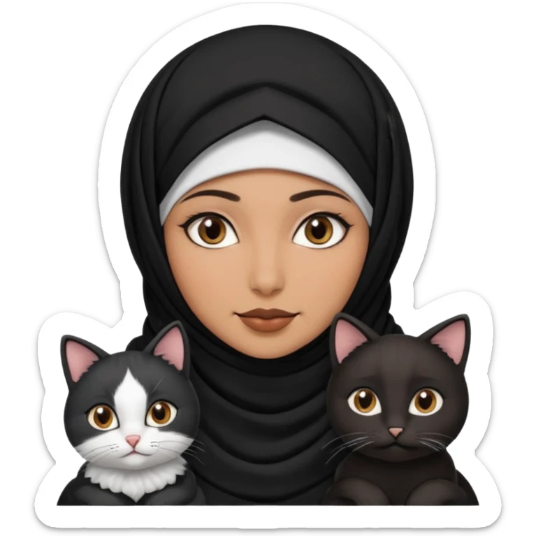 A Arabic woman human with brown eyes and black hijab. , the human is a human no cat ears, two cats, the both cats have the colour black and white in the same colour,   sticker