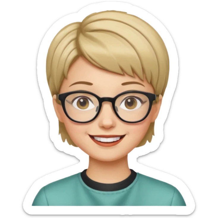Happy woman with very short hair and glasses having haircut emoji sticker