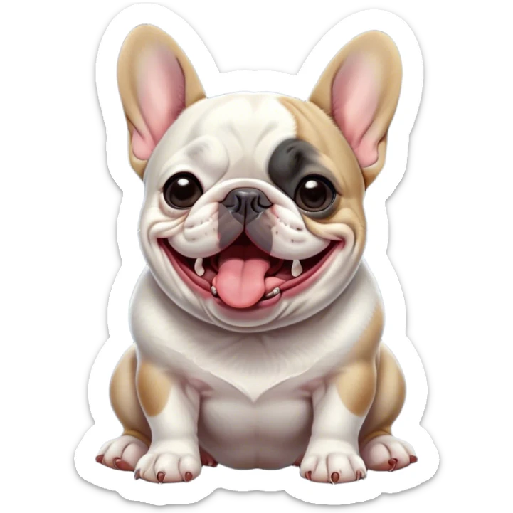 Cinematic Cute Yawning Pied French Bulldog Portrait Emoji, Head tilted with an exaggerated, endearing yawn and sleepy, squinty eyes, showcasing a unique pied fur of contrasting colors with a playful expression, simplified yet irresistibly adorable, highly detailed, glowing with a soft, cozy radiance, high shine, exuding a relaxed, humorous charm, styled with a gentle, soft glowing outline, capturing the essence of a Pied French Bulldog in a blissfully cute yawn that warms the heart! sticker
