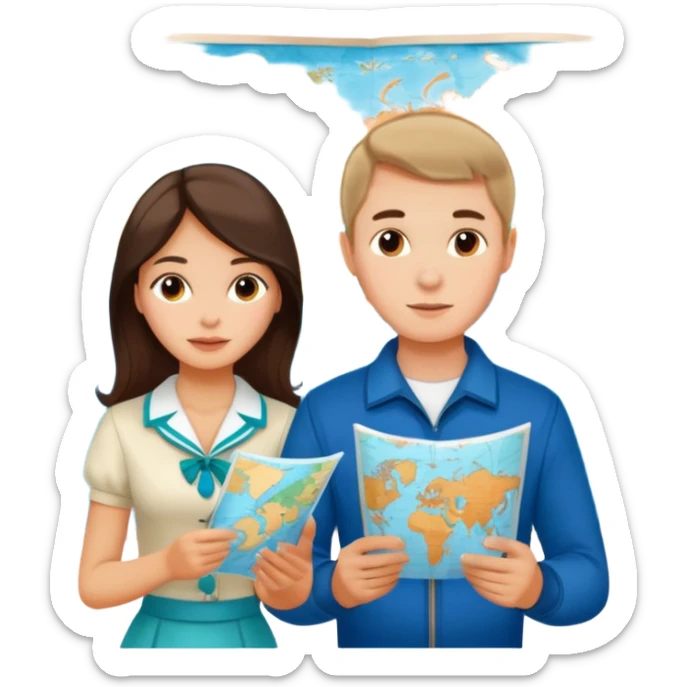 Russian young man and elegant fair-skinned Latina girl in cute costal outfits with a map planning  sticker