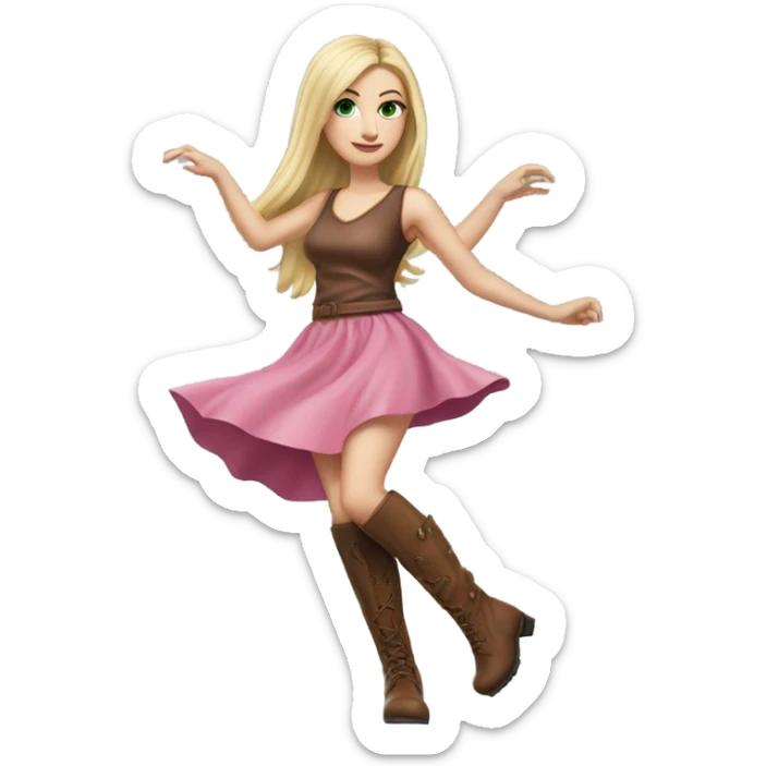 Realistic White girl with Long straight blonde hair, green eyes, tattoos, full body wearing pink dress and Brown knee-high leather boots, dancing sticker