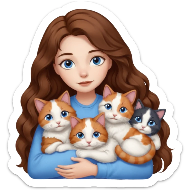 girl with long wavy brown hair, blue eyes, long lashes makeup, cuddling with 6 cats sticker