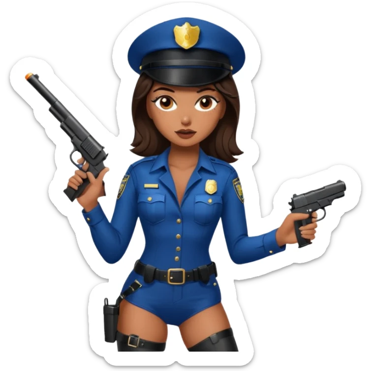 A sexy girl. with caramel skin. Dark brown hair and brown eyes. She has freckles. Wearing sexy makeup. Dressed as a sexy cop. wearing lingerie and heels. Holding a gun sticker