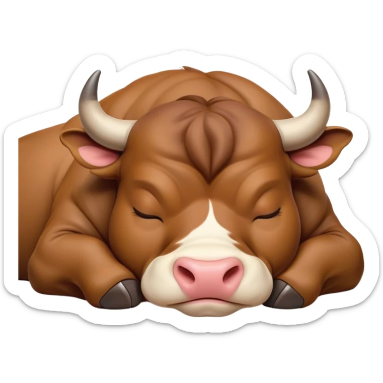 meme-worthy-cute-sleeping-domestic-bull-portrait-emoji,-head-resting-peacefully-with-a-contented-smile,-showcasing-a-robust,-muscular-build-and-a-luxuriously-soft-coat,-eyes-gently-closed-in-serene,-restful-slumber,-simplified,-solid-brown sticker
