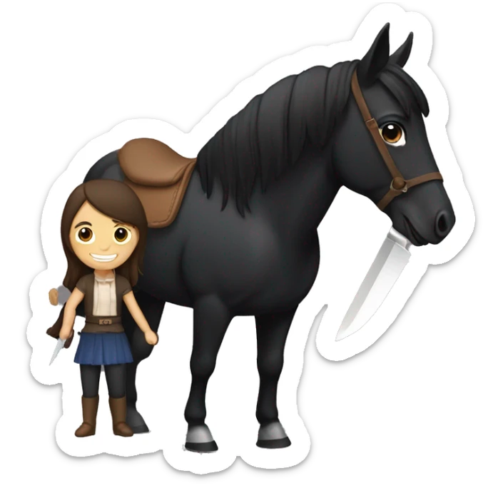 make a black horse and a girl in brown hair next to her, holding a knife sticker
