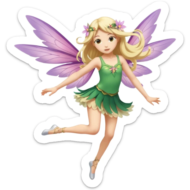 A winged flower fairy girl, wearing a short skirt, one leg straight and the other bent, her body tilted, in a flying pose. sticker