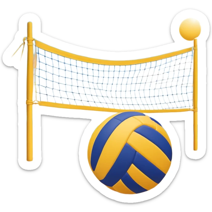 A volleyball resting on the yellow sand on a beach, with the net in the background and a scenic view of the ocean and sky. The scene captures the relaxed yet competitive vibe of beach volleyball, with warm sunlight and the natural beauty of the beach. sticker