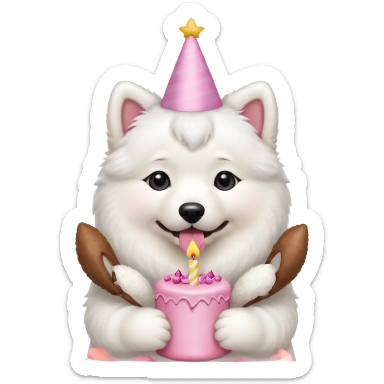cute samoyed hold a pink birthday cake in both arms with pink birthday hat sticker