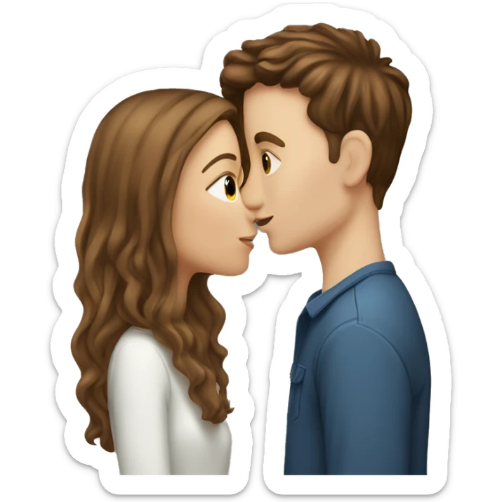 white girl with brown long straight hair kissing a white boy with short curly dark brown hair sticker