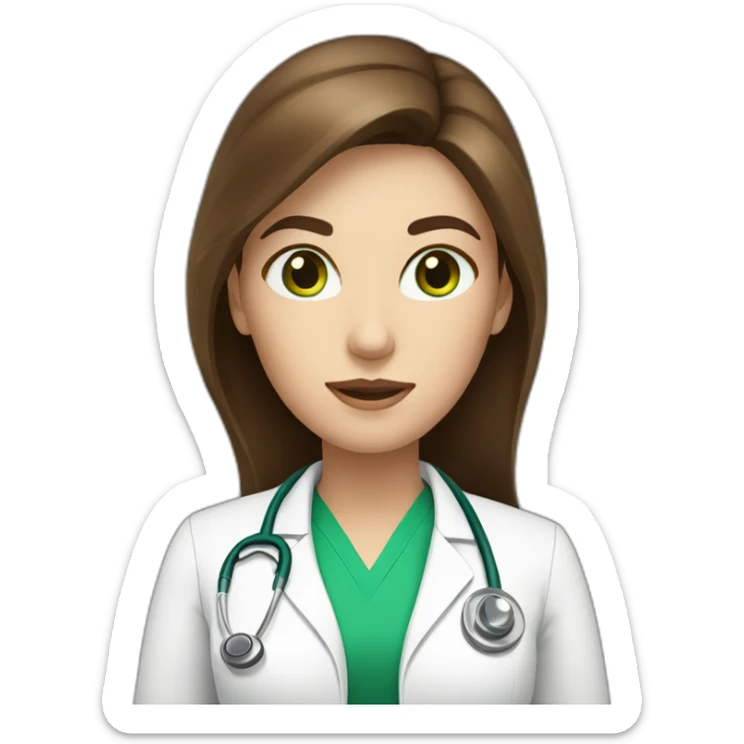 Doctor woman with long brown hair, white skin and green eyes sticker