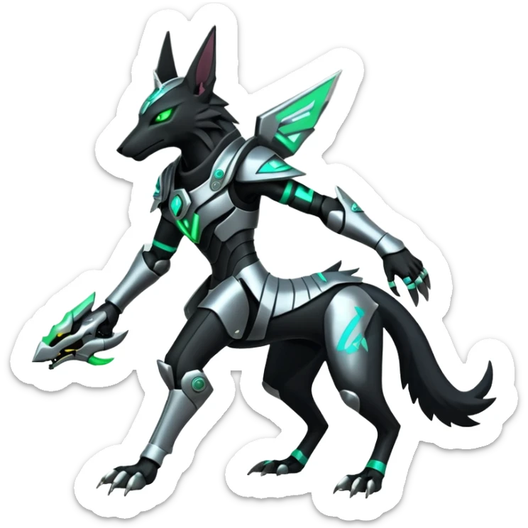 Black and green cyberpunk intricate neon glowing grey white futuristic cyborg-Anubis-Hermanubis-Zeraora-Zoroark-Luxray-fusion (full body) sticker