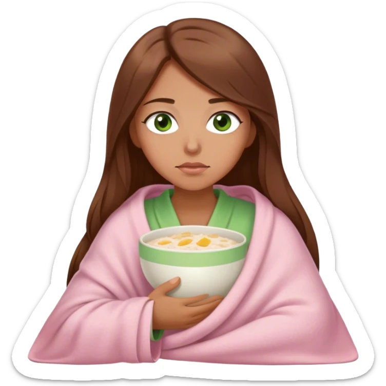 woman with very long brown hair and green eyes in a light pink blanket sleepy with porridge sticker