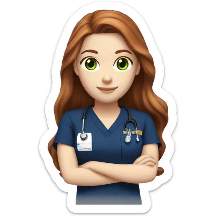  White girl fair skin, long auburn hair, green eyes, navy blue scrubs sticker