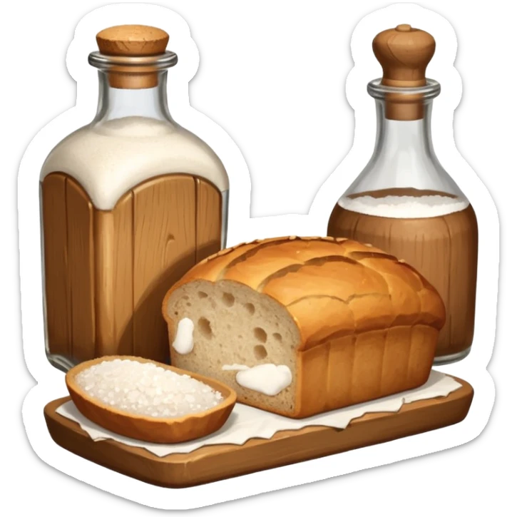a bottle of salt (salt cellar) and a loaf of peasant bread - still life composition sticker