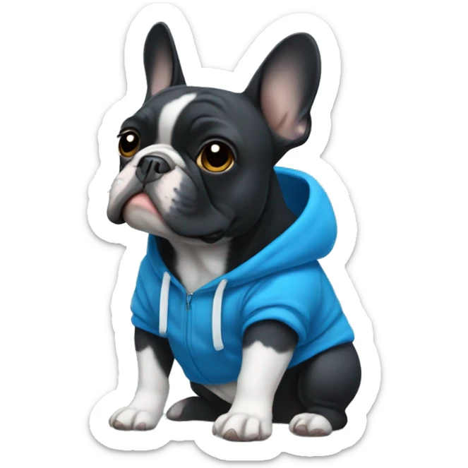Black French bulldog with a white breast in a blue hoodie  sticker