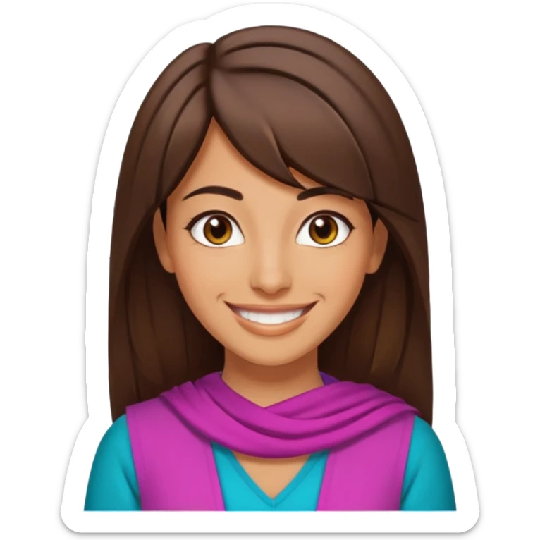 30 yr old middle eastern woman straight brown hair side bangs big smile tanned skin brown eyes colorful clothes sticker