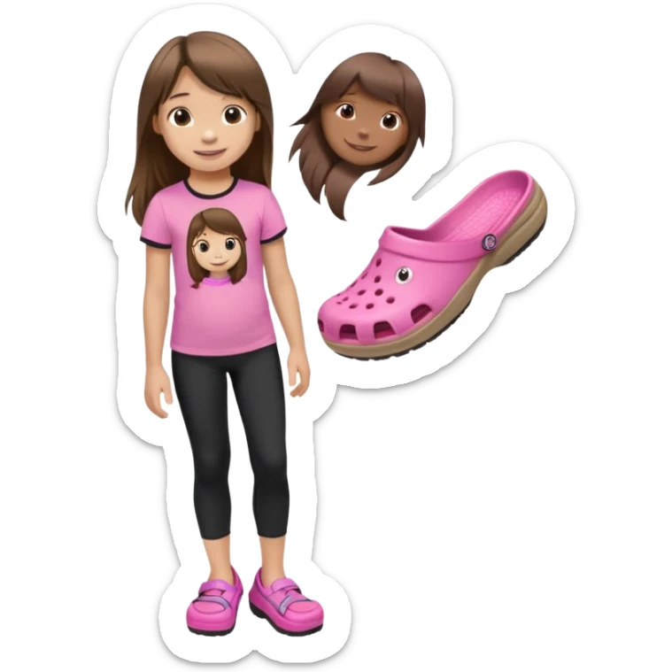 little girl, light tan skin, long brown hair, side bangs, black leggings, pink t-shirt, smiling, cute crocs sticker