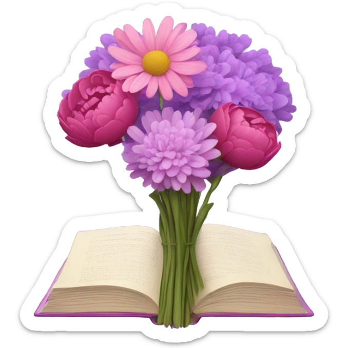 A still-life painting style: a violet book with a bouquet of pink daisies and dark pink peonies, candlelight illuminating the scene. sticker