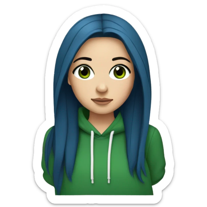 white girl with long straight dark blue hair wearing green hoodie and black eyeliner sticker