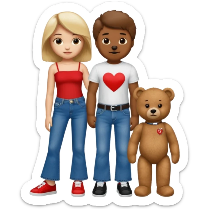 A boy and a girl teddy bear for the boy bear put on true religion shirt and jeans with black shoes and for the girl put flare jeans and a red tube top and white shoes just bears not the humans  sticker