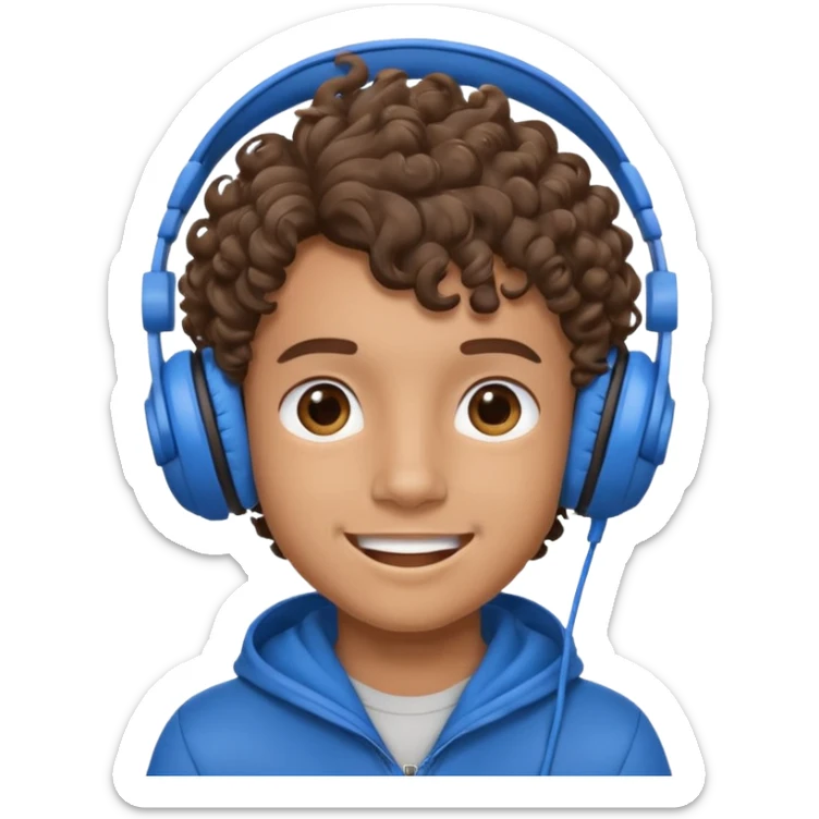 A boy with curly hair and tan skin and a happy face with blue headphones  sticker