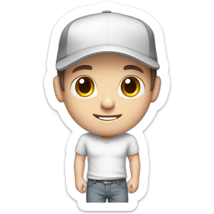 Pale skinned fit Man with dark brown hair in a white cap, gray jeans and gray polo T-shirt keeping a pasted with tape box into his hands sticker