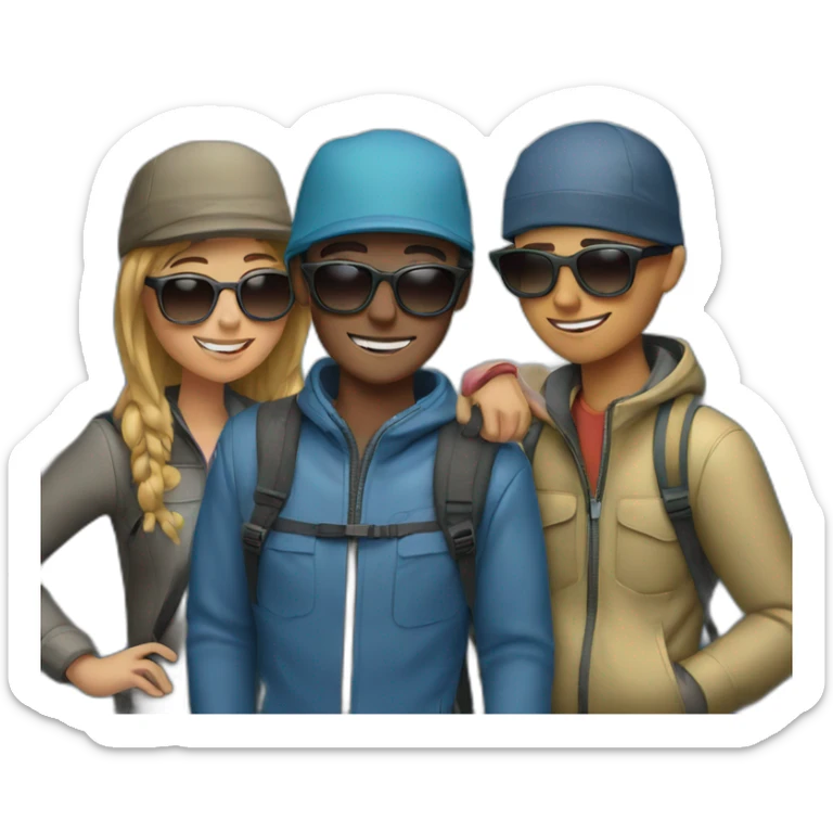four friends reaching the top of the mountains wearing a cap and sunglasses sticker