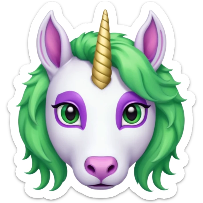 white furred unicorn with green hair and big purple earrings looking into camera and big horn and big earrings sticker