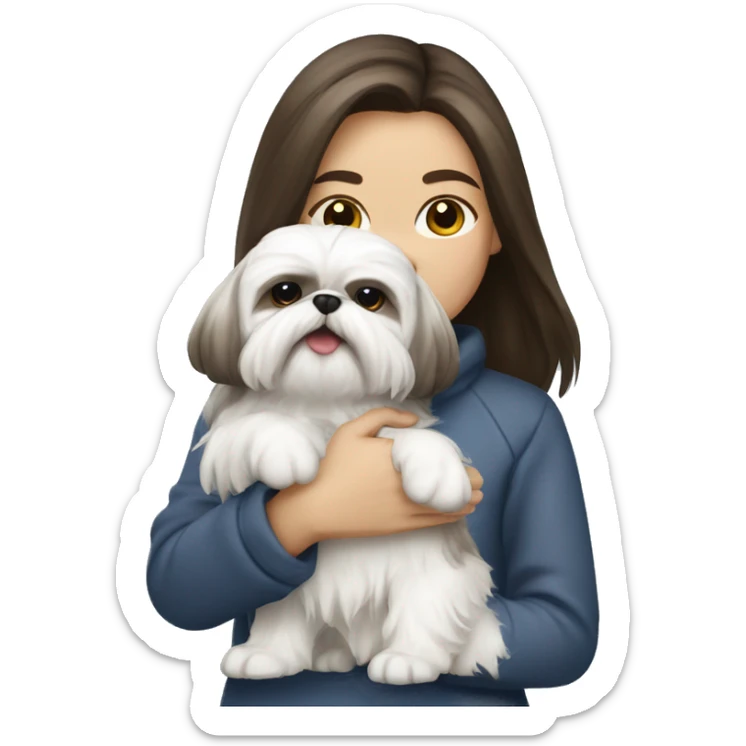 brunette girl with white fur shih tzu dog in her arms sticker