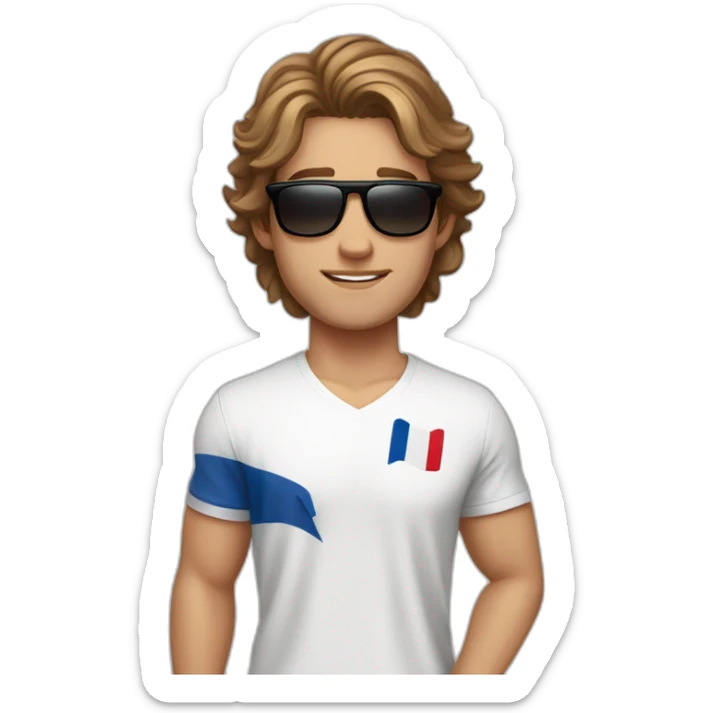 A young fit man with a white shirt and sunglasses on his hair with brown hair and a French flag in his hand sticker