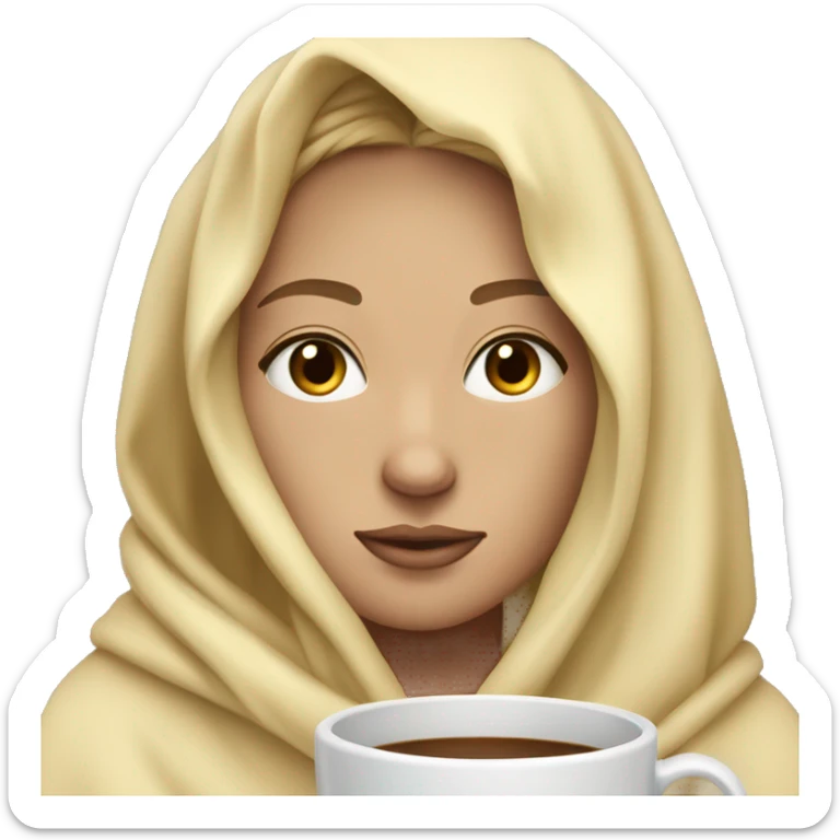 Blonde hair long  tan skin  black eyes inside a blanket sipping coffee eyes closed sticker